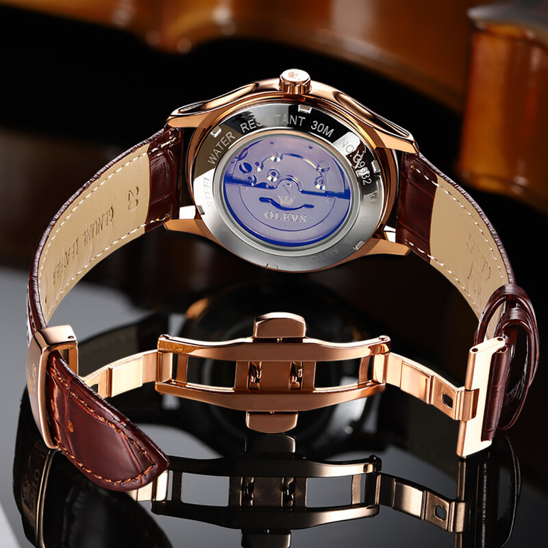OLEVS-Montre mécanique automatique en cuir pour homme, montres-bracelets d'affaires, étanche, calendrier, luxe, original, nouveau, 2024