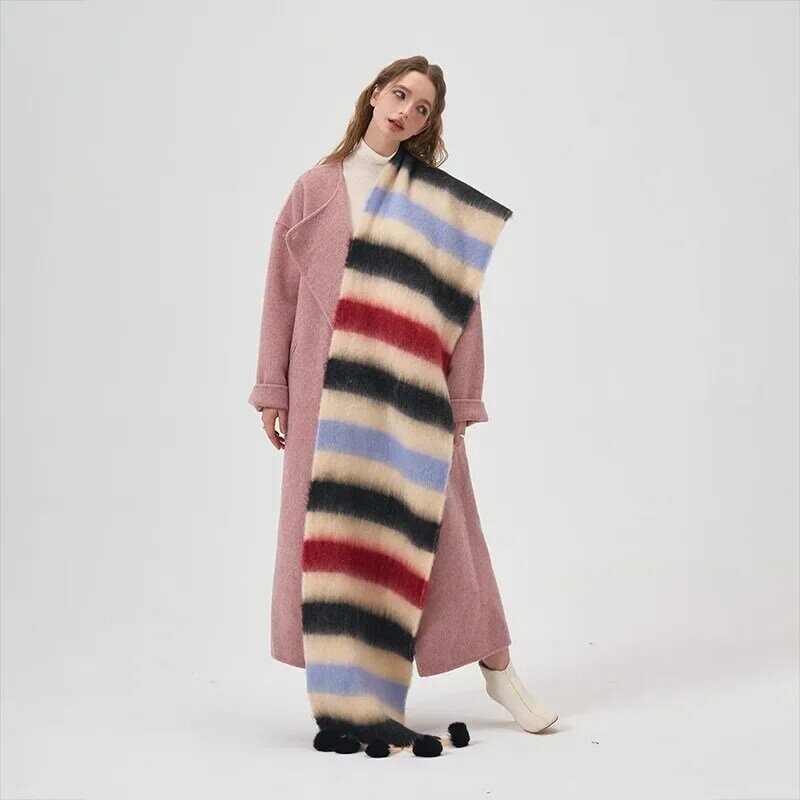 Cute Colorful Striped Scarf Lovers Neckband Rainbow Kawaii Mohair Cashmere Scarf with Hairball Winter Warm Thickened Accessories