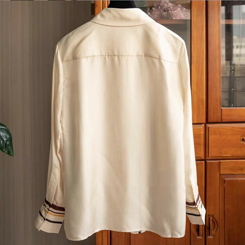 Camisa feminina de cetim de seda manga comprida, top de lapela estampado Mulberry, single breasted, design temperado, alta qualidade, novo, 2024