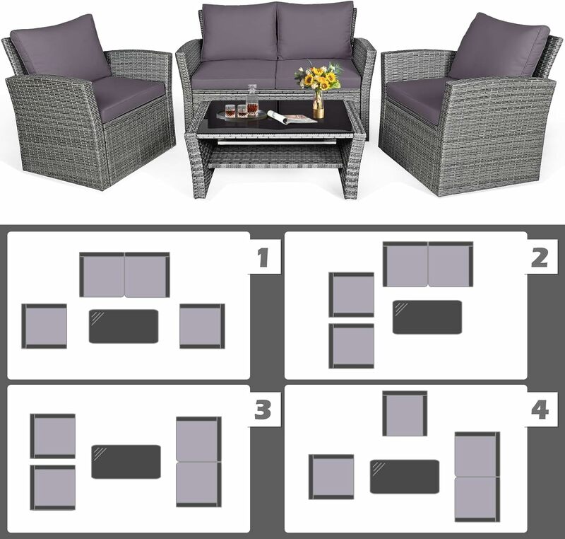 Set furnitur teras 4 buah, Set percakapan rotan PE luar ruangan dengan dudukan lipat, meja kopi kaca, bantal, Set Sofa anyaman