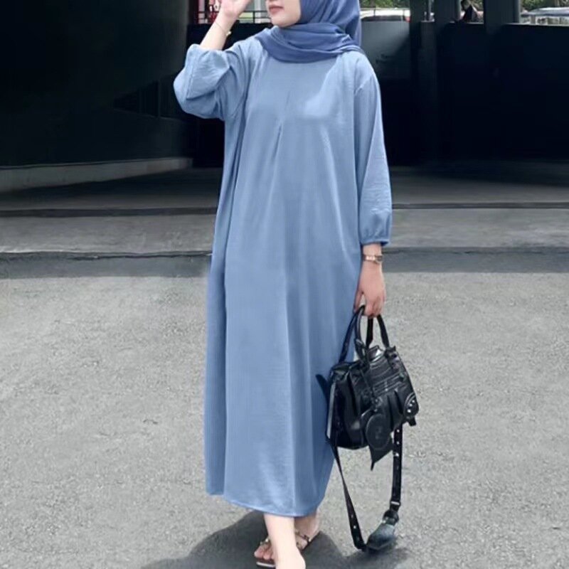 Moda musulmana primavera e autunno nuovo vestito maniche a bolle da donna tinta unita canotta Robe Dubai Casual vestito allentato