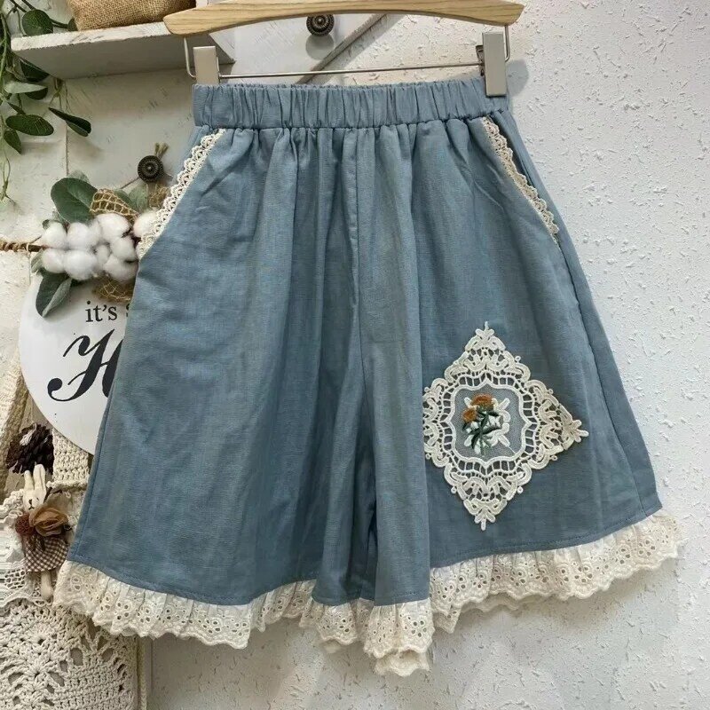 Lolita-pantalones cortos elásticos de cintura alta con bolsillo de encaje, Shorts informales cómodos de Color liso, estilo japonés, verano, 2024