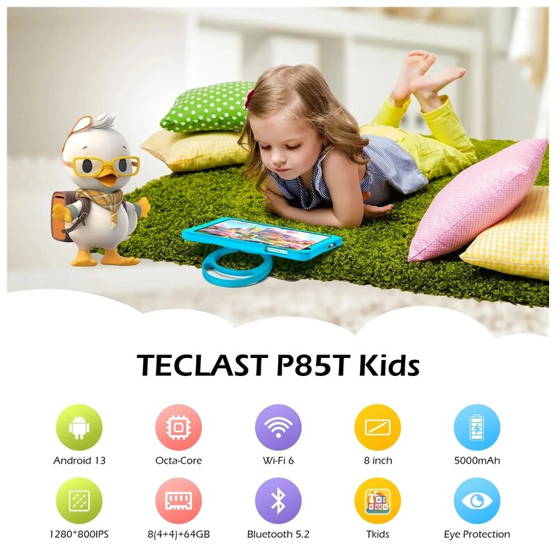 جهاز لوحي Teclast مع حامل قابل للتعديل للأطفال ، حافظة سيليكون صديقة للبيئة ، واي فاي 6 ، أندرويد 13 ، P85TKids ، 8 بوصة ، ذاكرة رام 8 جيجابايت ، ذاكرة 64 جيجابايت