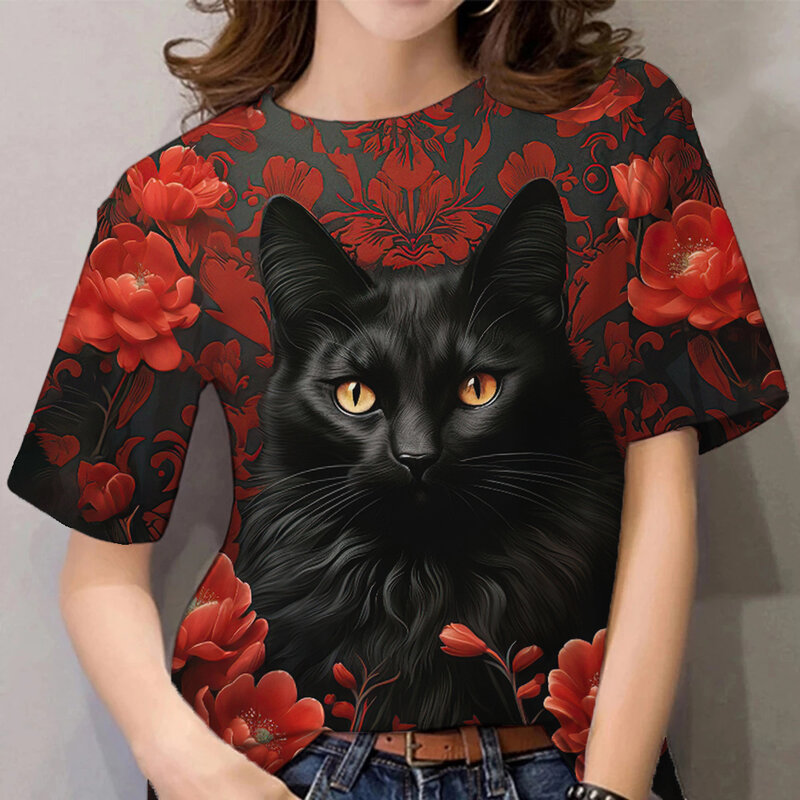 T-shirty damskie letnie Casual moda 3D nadruk z kotem zwierząt odzież z okrągłym dekoltem krótkie rękawy koszulki dla kobiet bluzki typu Oversize