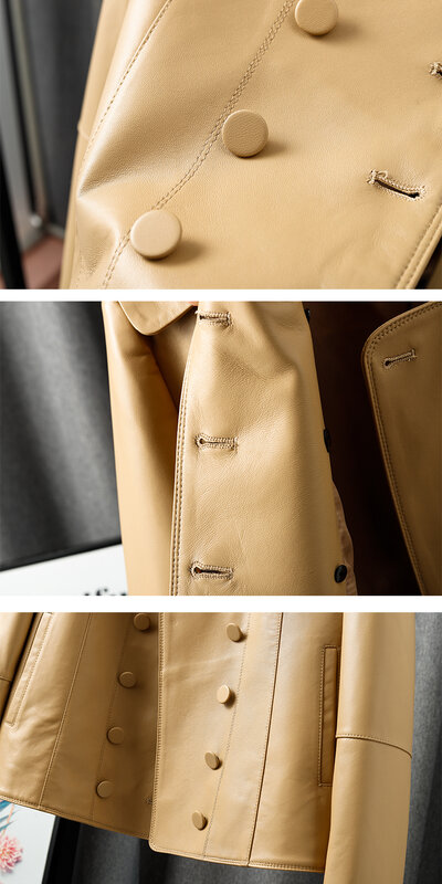 Jaket kulit asli wanita 2023 musim dingin Retro gaya Hong Kong Double-Breasted longgar warna Solid mantel pendek Jaqueta Feminina