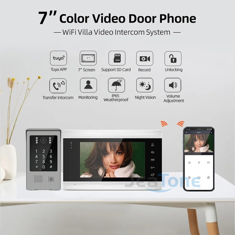 Jeatone Tuya 4in1 Unlock 7 inch WIFI Video Intercom For Apartment Wire Video Doorbell Camera 1080P with Password and RFID Unlock