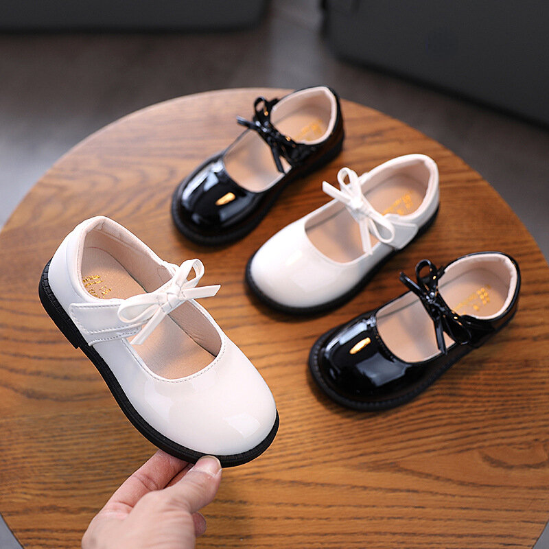 Girls Leather Shoes 2024 Spring New Fashion Children Shoes Solid Bow Princess Non-slip Soft Flat Kids Shoes E586