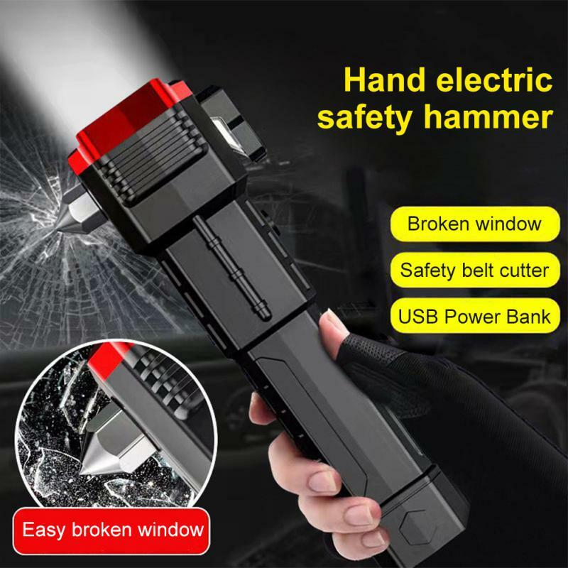 2PCS Tactical LED Flashlight USB Rechargeable Battery Flashlamp Multifunctional Car Safety Hammer Window Breaker Self Defense