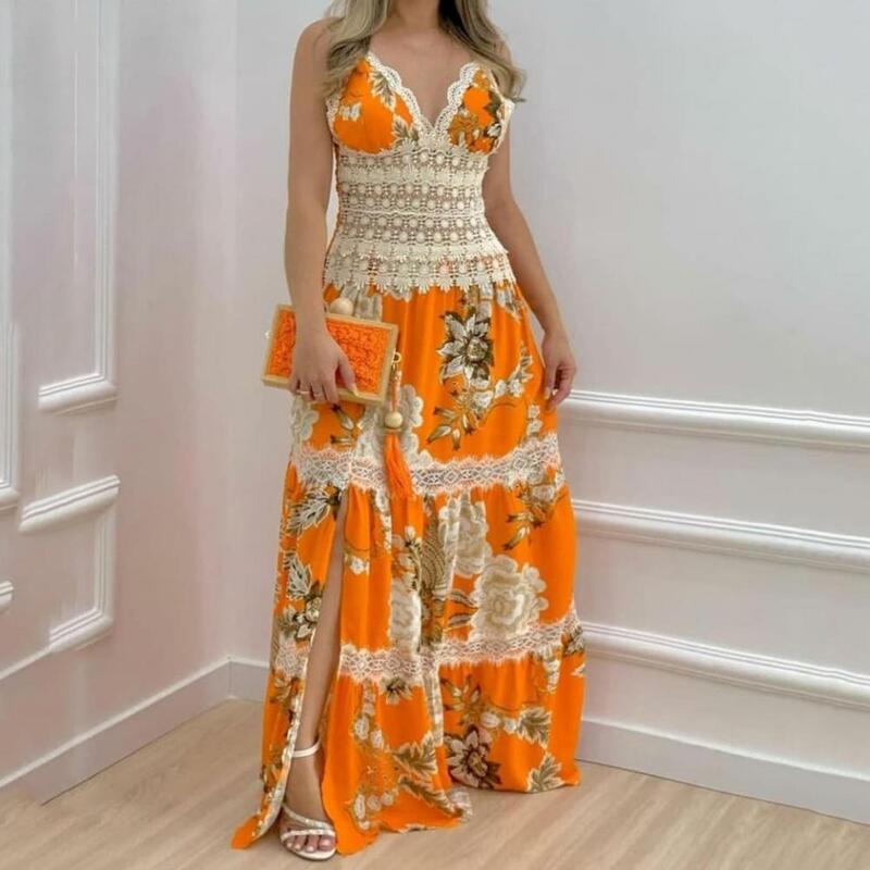 Vestido feminino floral impressão laço split hem maxi vestido de espaguete cinta rendas até cintura alta bohemia vestido de férias robe femme