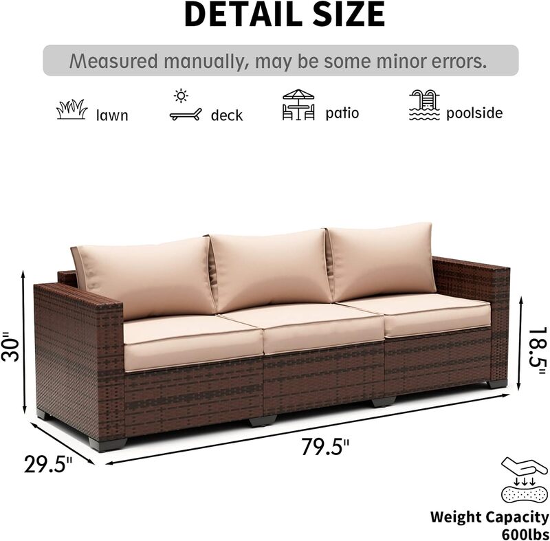 Sofa wiklinowa Patio, rattanowa kanapa segmentowa na zewnątrz, stalowa rama z pokrowcem na meble, poduszką antypoślizgową