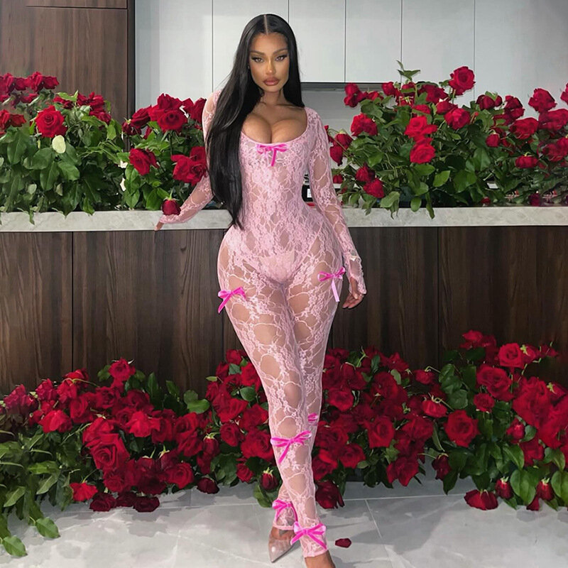 See Through Lace Bow Jumpsuits Women Solid Sexy Coquette Full Sleeve Square Neck Transparent Slim Overalls Midnight Attirewear