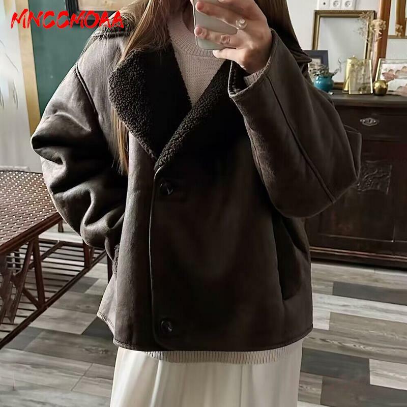 MNCCMOAA 2023 Высококачественная зимняя женская винтажная теплая флисовая куртка с длинным рукавом пальто Женская Повседневная однотонная верхняя одежда с карманами Топы