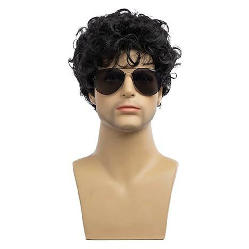 Wigs for Men Synthetic Short Black Curly Wigs With Bangs Cosplay Daily Use Heat Resistant Fiber Fake Hair