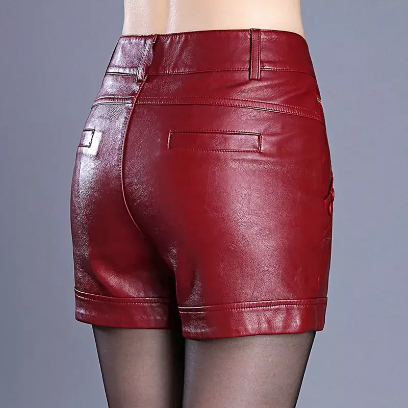 Autumn Winter Casual Women's Wine Red Black 3XL 4xl PU Leather Shorts , Slim Fashion Spring High Waisted Shorts For Woman