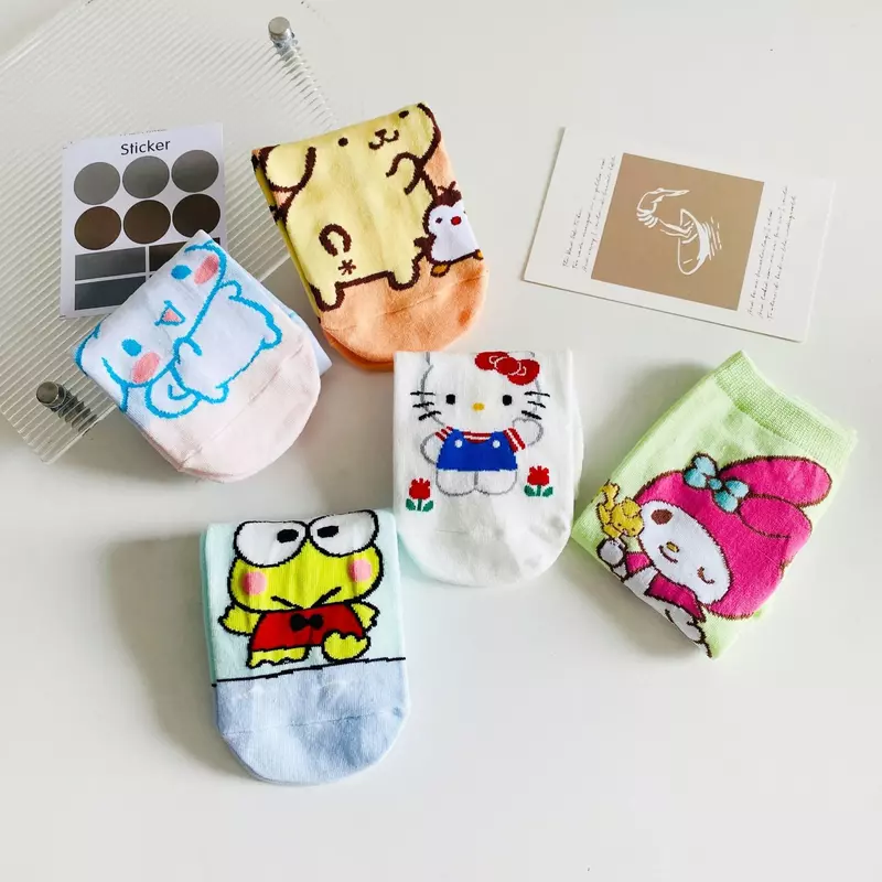 Calcetines cortos Kawaii Sanrio Hello Kitty My Melody Cinnamoroll, medias náuticas de dibujos animados, ventilar, algodón fino, regalo de Navidad para niña
