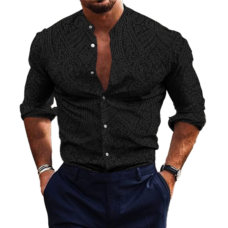 Fashion Stylish Shirt Party T Muscle Printed Band Collar Casual Dress Up Fitness Long Sleeve Mens Holiday Party