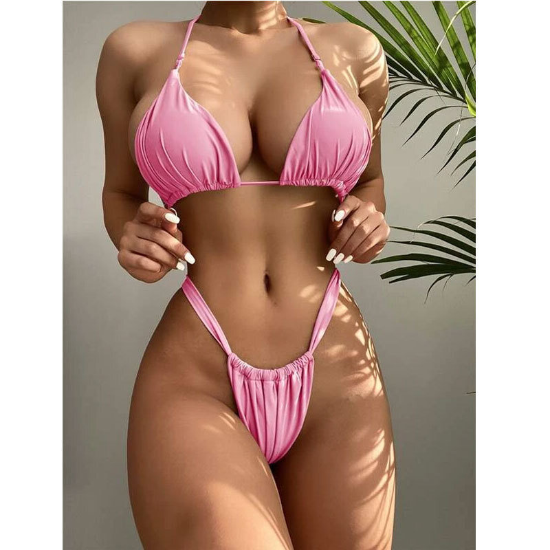 Two-piece Bikini Women's Swimsuit Sexy Straps Solid Color Fabric Chest Pads Gathered High Waist Backless Tight Straps Swimsuit