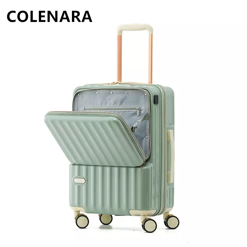 COLENARA New Luggage Front Opening Boarding Case Laptop Trolley Case USB Charging Travel Bag 20"24" ABS+PC Cabin Suitcase