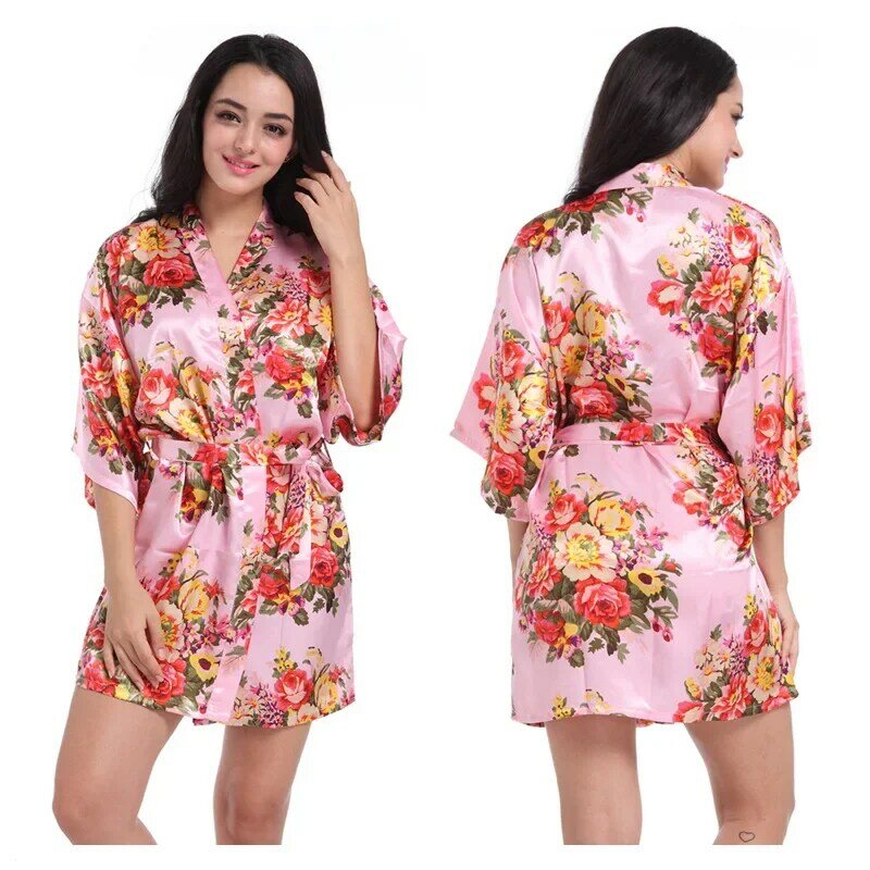 Jubah Kimono Floral Wanita Gaun Balutan Pengantin Satin Pakaian Tidur Jubah Pengiring Pengantin Wanita