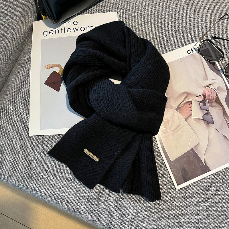 2024 зимний плотный теплый шарф для женщин, Однотонный женский черный шарф из искусственного кашемира, женский зимний шарф для увеличения роста Ahawl Z24