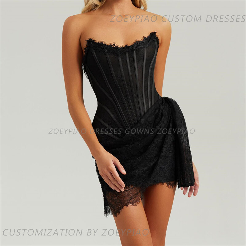 Sexy curto Mini vestido de renda preta, sem mangas, personalizado, coquetel, vestido de festa, ocasião formal, sexy, 2024