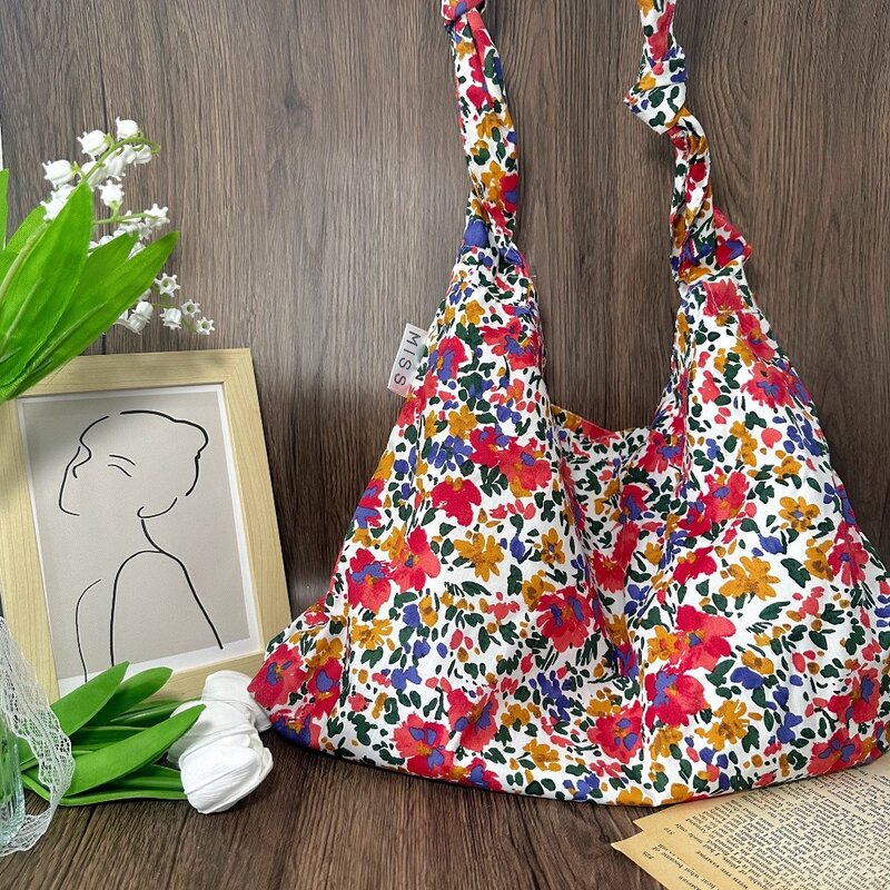Large Capacity Summer Tote Bag Leisure Vintage Canvas Women Shopping Bags Floral Retro Rose Students Book Bag Women Girls