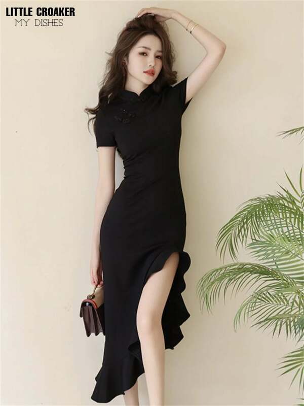 Women Qipao This Year's Dithering Sonic Explosive Dress Is A New Chinese Style Irregular Button Cheongsam Slit Fishtail Dress