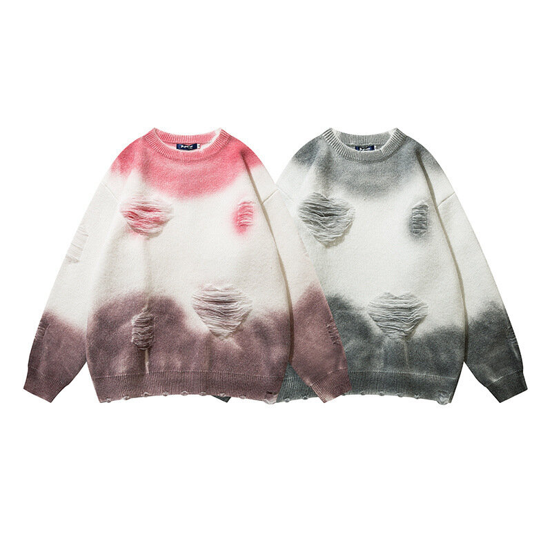 Suéteres de punto Retro Tie-dye para hombre, ropa de calle Harajuku con agujeros desgastados, Jersey informal suelto con cuello redondo para parejas, otoño