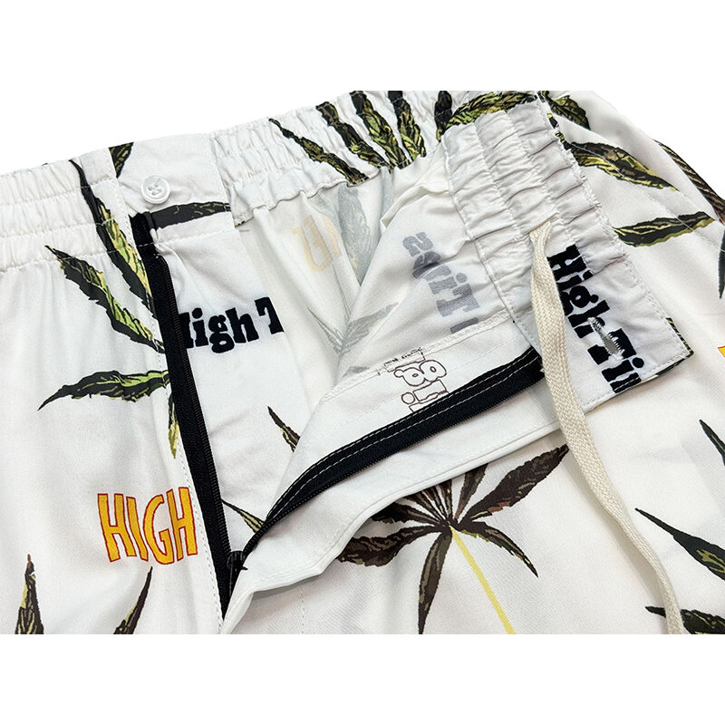 Shorts de cordão com zíper estampado folhas masculinas e femininas, calções casuais de verão preto e branco, alta qualidade, 1:1