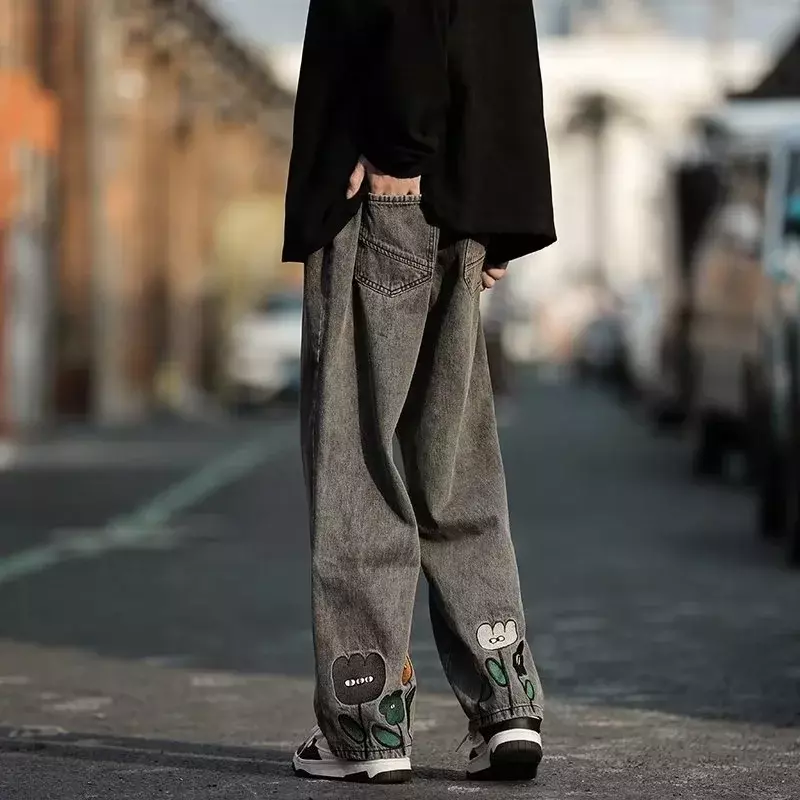 New Men Y2K nadruk w kwiaty workowate dżinsy 2023 Streetwear amerykański dorywczo dżinsowe spodnie z szerokimi nogawkami Hombre Vintage proste spodnie