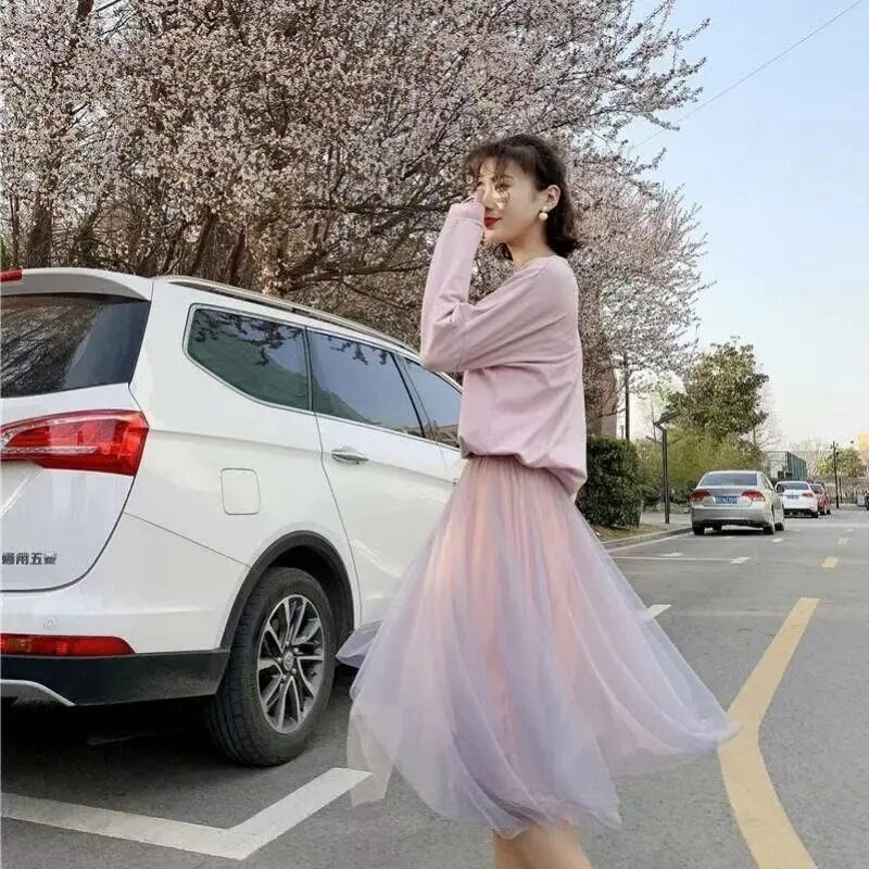 Spring Summer Fashion New Elegant Women Elastic High Waist Two Color Mesh Perspective Long Skirt Party Gift Office Lady Clothing