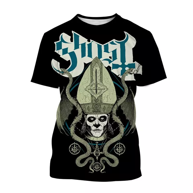T-shirt de terror de banda fantasma masculina, impressa em 3D, diversão, hip-hop, personalidade, rua, folgada, gola O, blusa de manga curta, moda verão, plus size