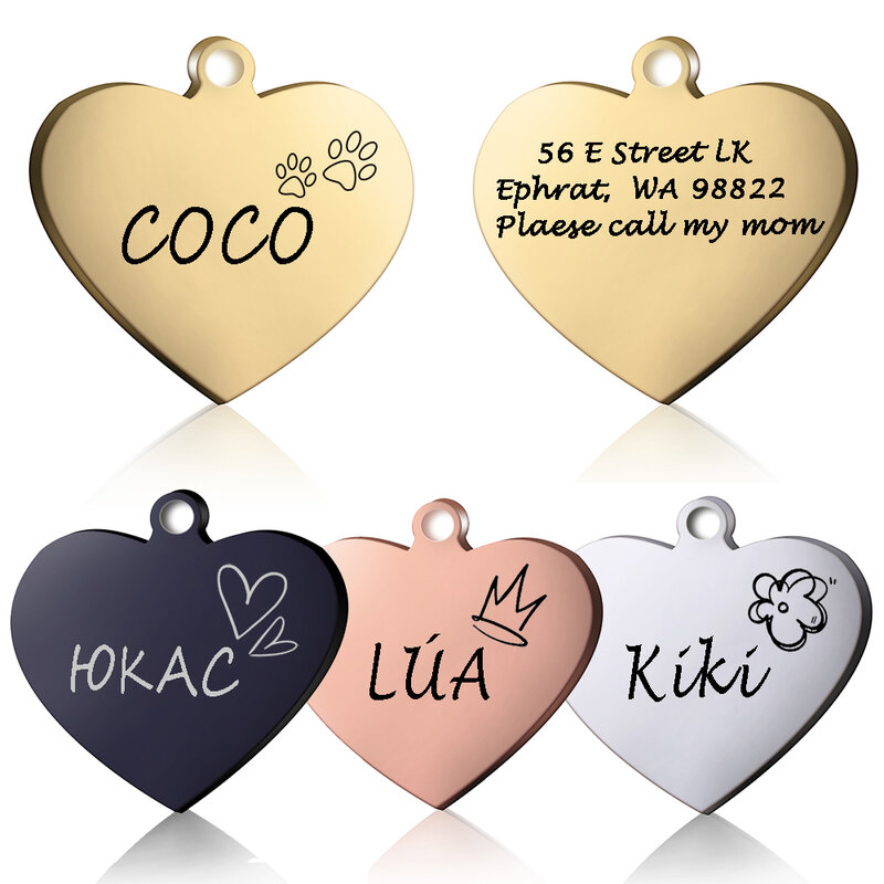 Dog ID Heart Tag Custom Personalized Cat Collar Pendant Engraved Pet Necklace Chain Charm Supplies For Name Products