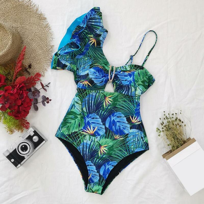 Folhas tropicais femininas estampa maiô, biquíni de uma peça, manga plissada, decote em v, sexy monokini swimwear, beachwear leve