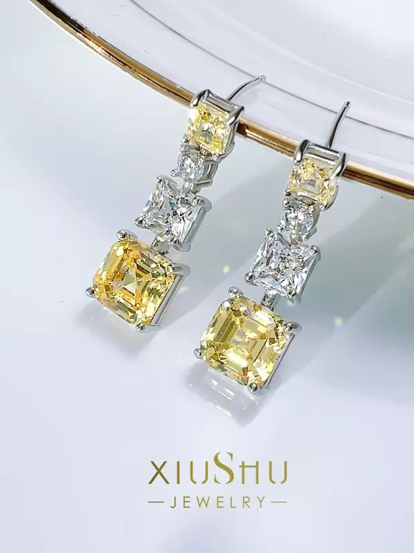 Desejo-brincos versáteis do diamante amarelo, 925 prata esterlina, incrustados com diamantes do carbono alto, temperamento elegante