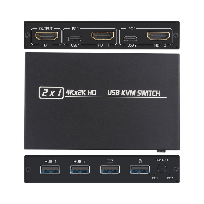 Compatível com HDMI KVM Switch Splitter, 2 portas, HDTV, USB Plug and Play, Quente para Compartilhar 1 Monitor, Teclado e Mouse, 4K X2K