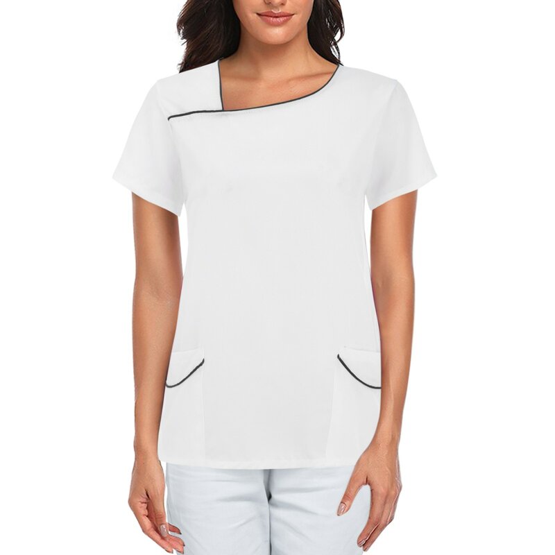 Women's Short Sleeve V-Neck Pocket Care Workers T-Shirt Tops Solid Color Loose Casual Blouse Simplicity Female Nurse Uniform