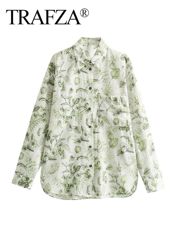 TRAFZA-Blusas vintage de manga comprida para mulheres, blusa de peito único, decoração de bolso, lapela estampada verde claro, casual e elegante