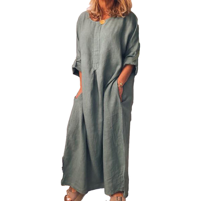 1 шт., женское однотонное платье с длинным рукавом и карманами