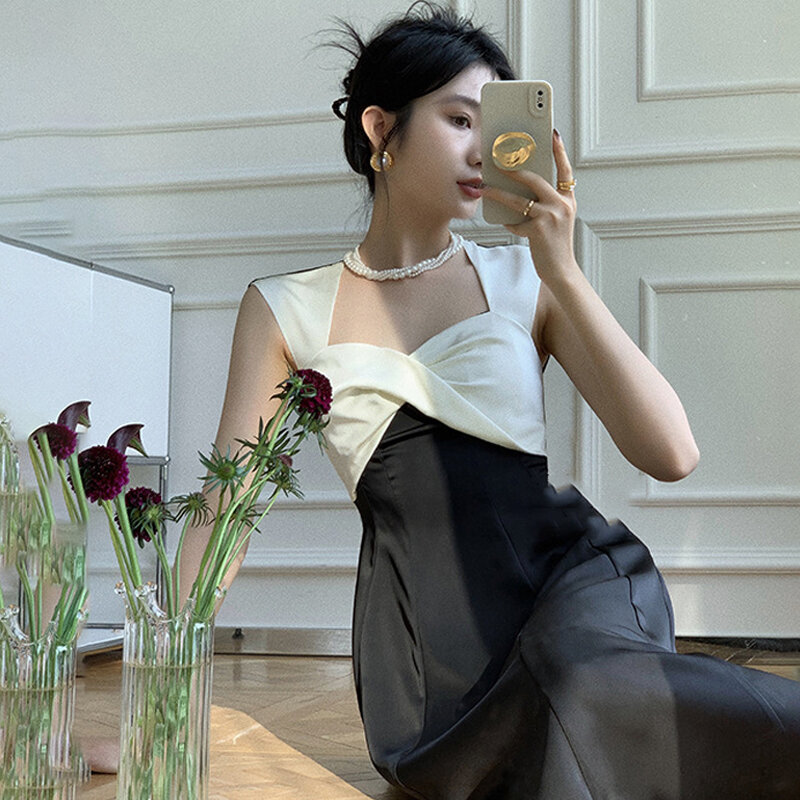 Корейская версия черно-белого фото платье летняя новая длинная юбка без рукавов платье с высокой талией для вечеринки