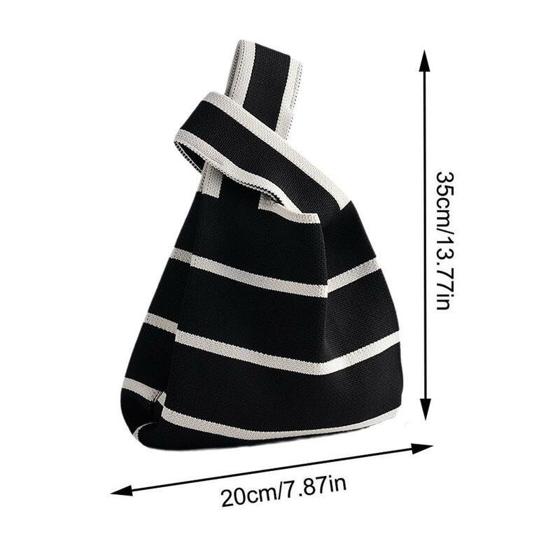Borsa a mano lavorata a maglia a righe larghe Mini borsa da polso con nodo femminile borsa a mano portatile moda Casual coreana borse per la spesa riutilizzabili