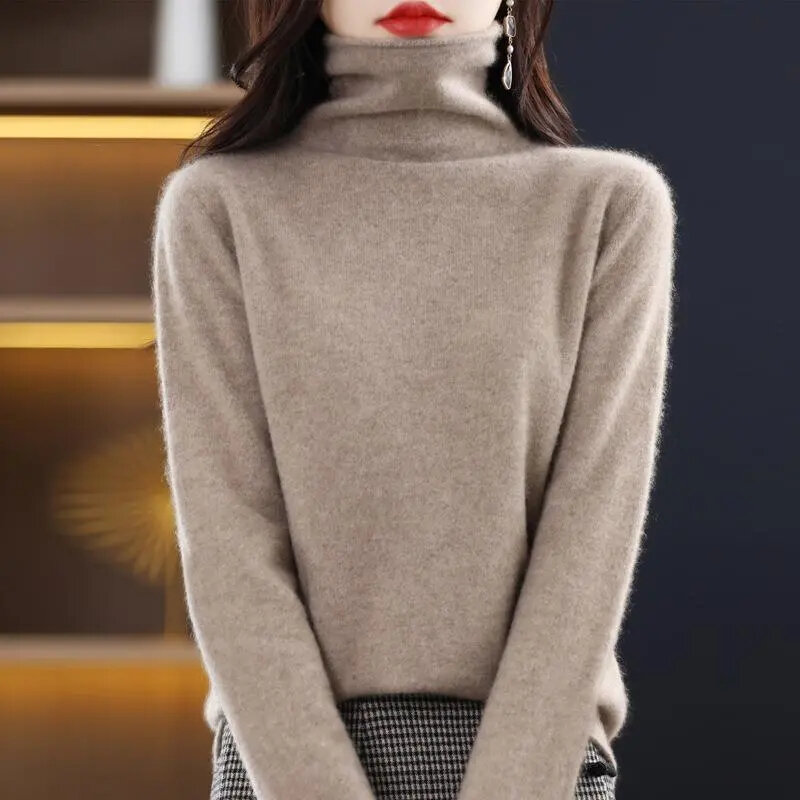 Sweater Pullover wanita, Turtleneck elegan untuk musim gugur musim dingin, atasan rajut Dalaman ramping kasual lengan panjang, Sweater tarik Femme
