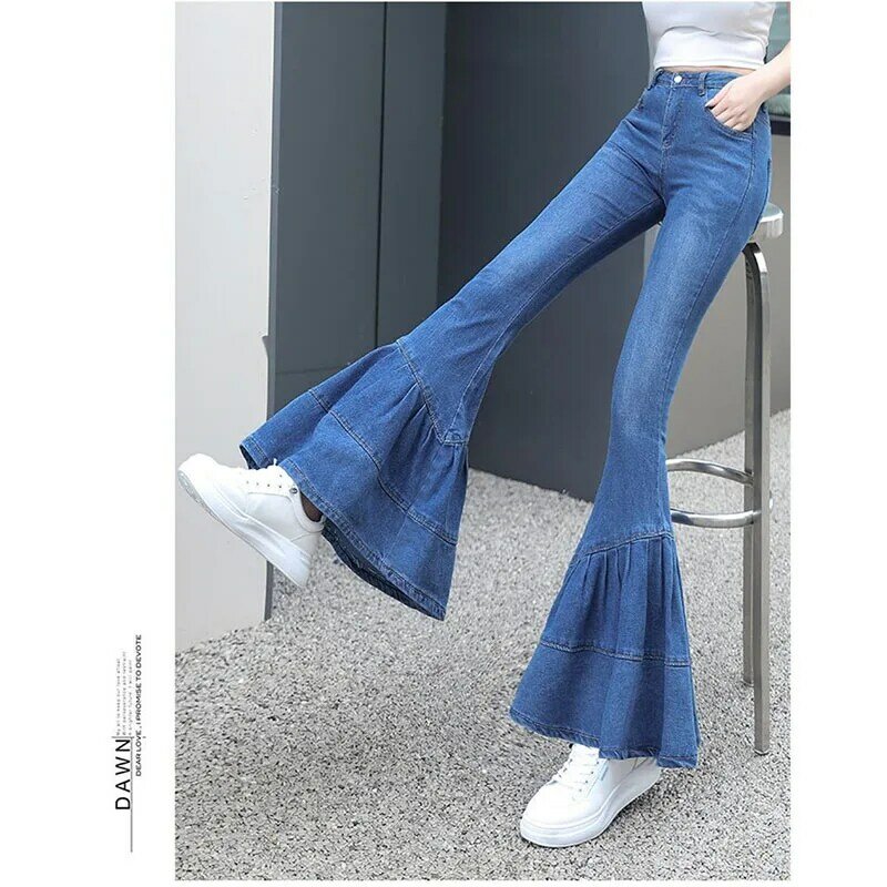 Jeans feminino de nove pontos com chifre grande, calça jeans de temperamento fino, slim fit, novo, senso de design, primavera e outono, 2024