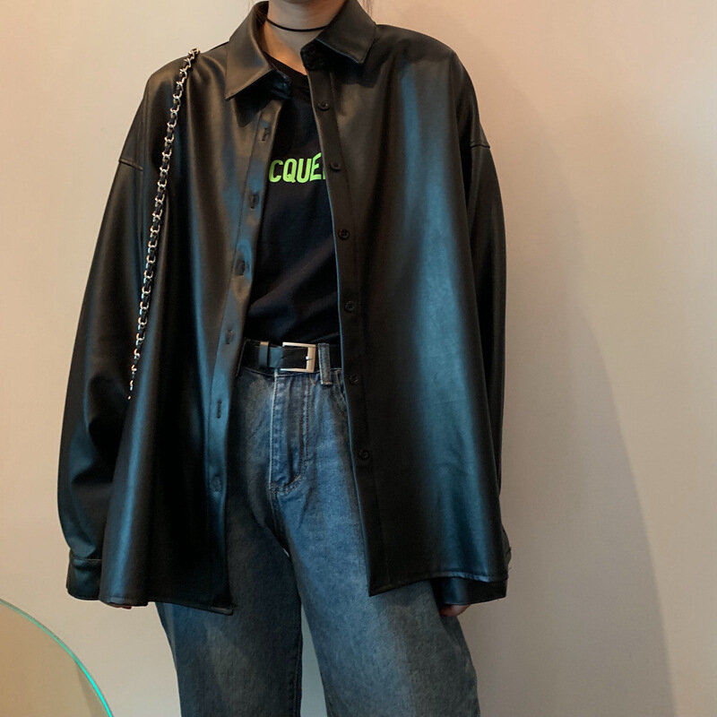 New chic Women oversized PU leather blouses 2022 Spring Autumn Black Faux Leather Basic Coat Turn-down Collar Motor Biker Jacket