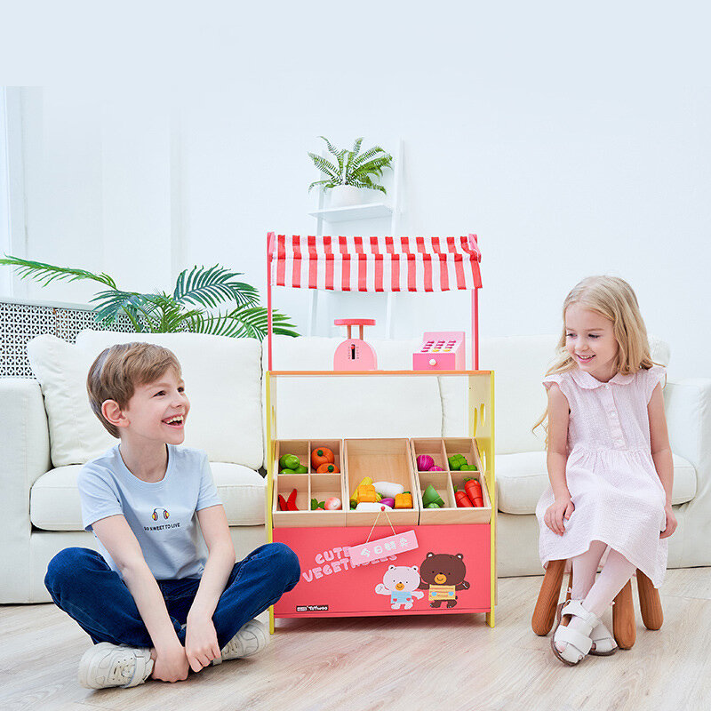 الأطفال التظاهر منزل اللعب الفاكهة الخضار بيع موقف كشك دور اللعب مجموعة مونتيسوري ألعاب خشبية تعليمية للطفل هدية
