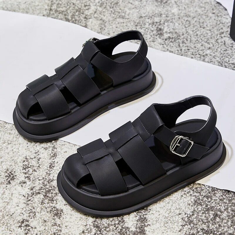 Lsxjk sandálias femininas casuais 2022 sapatos de verão sapatos de couro genuíno moda apartamentos chinelos feminino corte-outs preto branco sapatos de praia