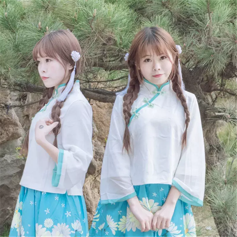 여성용 화이트 셔츠, 블루 데이지 프린트 스커트, 구중국 전통 민족 한푸 의류, 소녀 레트로 메이드 코스프레 코스튬