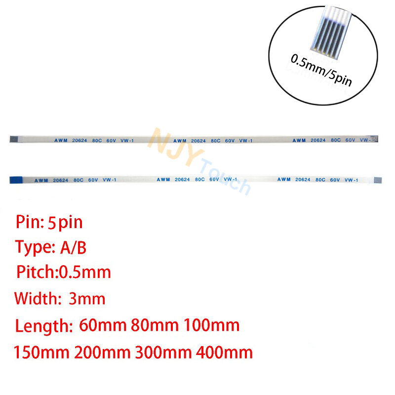 Cable Flexible plano de 5 pines, 0,5mm, paso FFC FPC AWM 20624 80C 60V VW-1 tipo A B, 60/100/150/200/250/300/400mm, 1 unidad