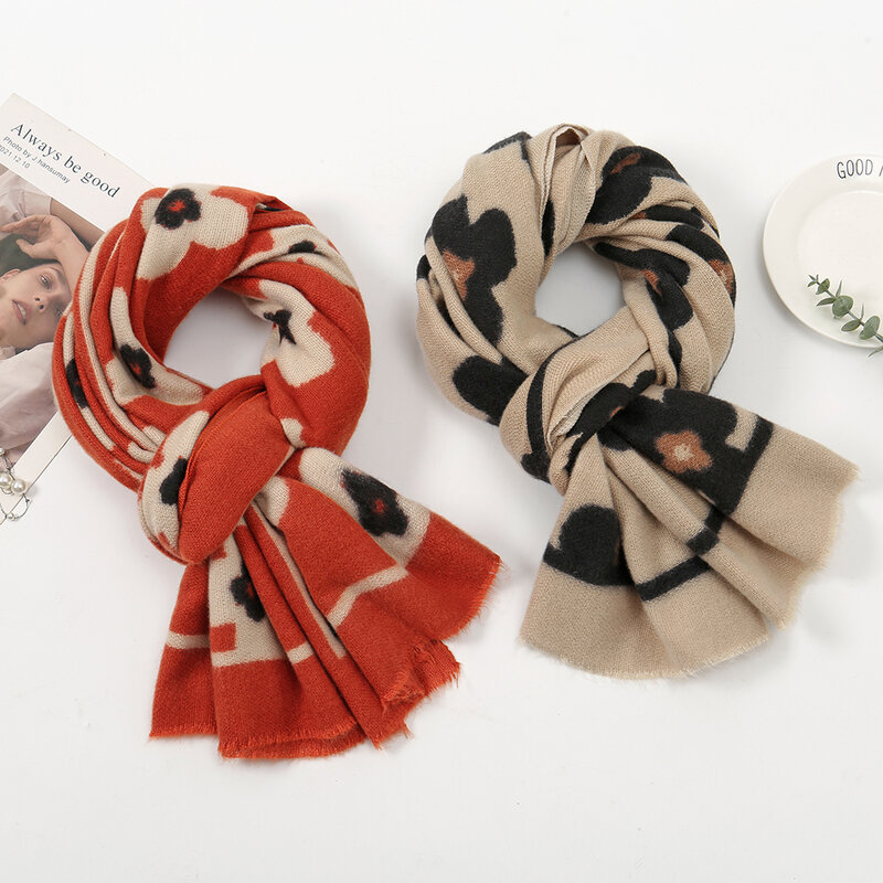 女性のための花柄のカシミヤスカーフ,暖かく,長い,韓国の柔らかいショール,プレミアム,冬のスカーフ