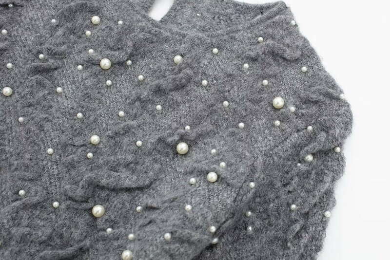 Suéter de punto texturizado con decoración de perlas artificiales para mujer, Jersey Vintage de manga larga con cuello redondo, Tops elegantes, nueva moda